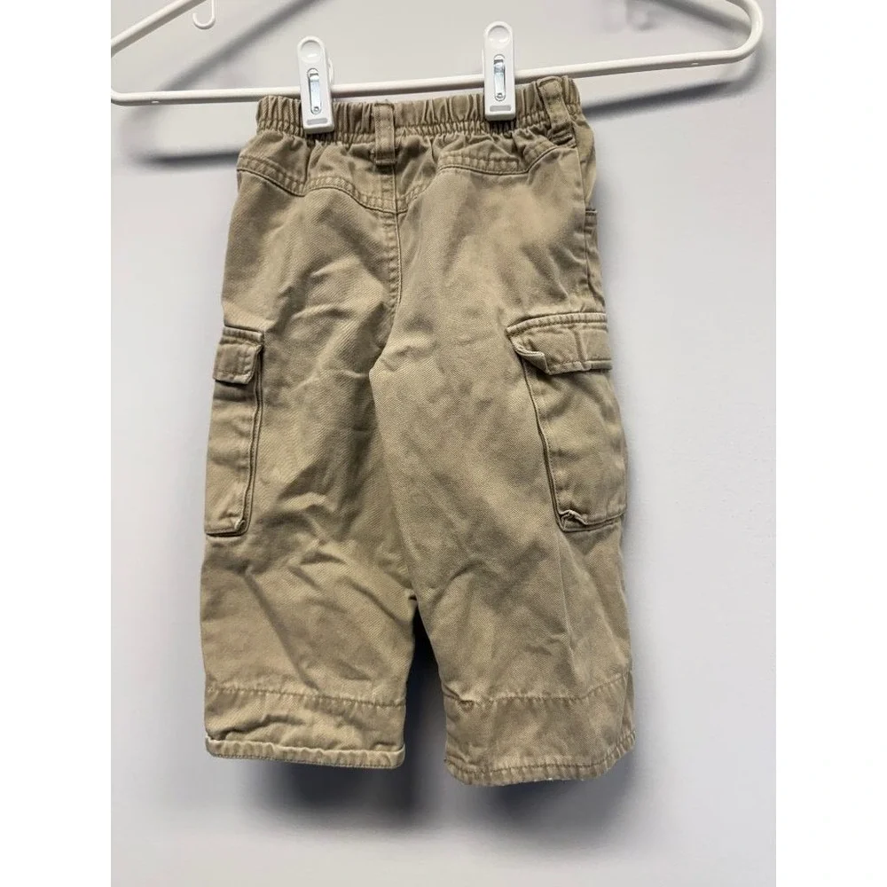 OshKosh Baby Boy Khaki Cargo Pants 12 Months Cotton Plaid Lined Elastic Waist